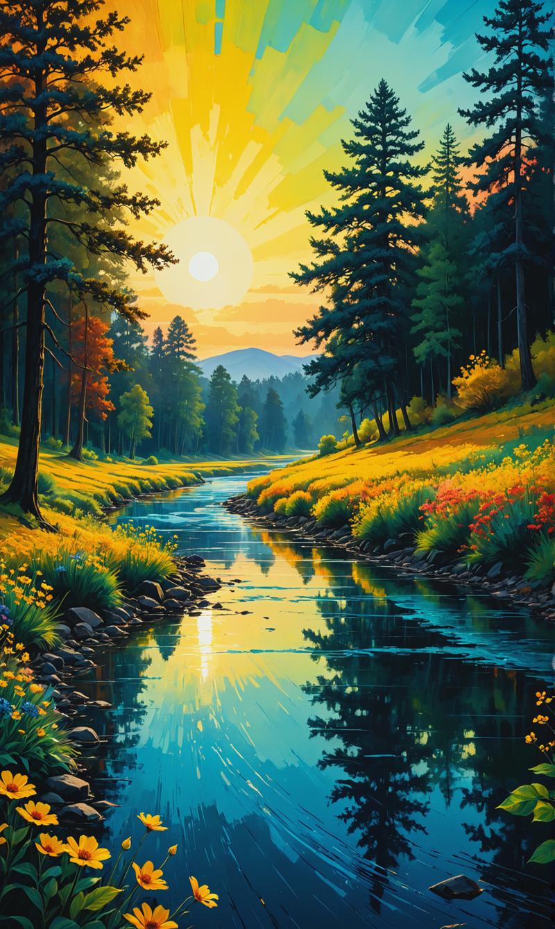 01341-3510813591-Printmaking A natural landscape with trees, flowers and a river. The landscape is printed on paper with loose brush strokes and.png